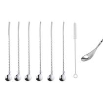 Colher Longa Canudo Drink Kit 6 Pcs E 01 Escova Limpeza Inox