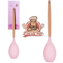 Colher multiuso de silicone rosa cabo madeira 32x6,5cm na cartela