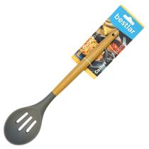 Colher Vazada de Silicone Cinza com Cabo em Madeira - Bestlar Colher Vazada de Silicone Cinza com Cabo em Madeira - Bestlar