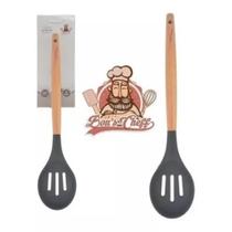 Colher Vazada De Silicone Grafite Cabo Madeira