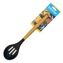 Colher Vazada de Silicone Preta com Cabo em Madeira - Bestlar Colher Vazada de Silicone Preta com Cabo em Madeira - Bestlar