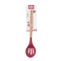 Colher Vazada De Silicone Vermelho Cabo Madeira 32 cm - Well Colher Vazada De Silicone Vermelho Cabo Madeira 32 cm - Well
