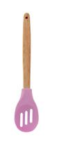 Colher Vazada Multiuso de Silicone Colorido com Cabo Madeira Colher Vazada Multiuso de Silicone Colorido com Cabo Madeira