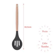 Colher Vazada Preto Silicone Cabo Bambu Multiuso - 2un Colher Vazada Preto Silicone Cabo Bambu Multiuso - 2un