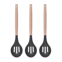 Colher Vazada Preto Silicone Cabo Bambu Multiuso - 3un Colher Vazada Preto Silicone Cabo Bambu Multiuso - 3un