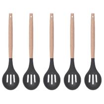 Colher Vazada Preto Silicone Cabo Bambu Multiuso - 5un Colher Vazada Preto Silicone Cabo Bambu Multiuso - 5un
