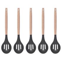 Colher Vazada Preto Silicone Cabo Bambu Multiuso - 5un Colher Vazada Preto Silicone Cabo Bambu Multiuso - 5un