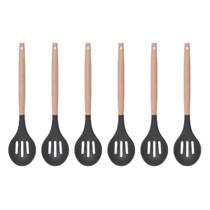 Colher Vazada Preto Silicone Cabo Bambu Multiuso - 6un Colher Vazada Preto Silicone Cabo Bambu Multiuso - 6un