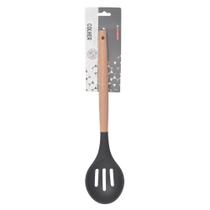 Colher Vazada Redonda Silicone Cabo Bambu 32cm Cozinha