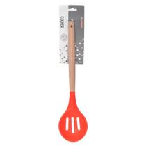 Colher Vazada Redonda Silicone Cabo Bambu 32cm Cozinha