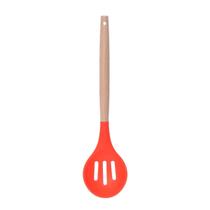 Colher Vazada Vermelho Silicone Cabo Bambu Cozinha Multiuso Colher Vazada Vermelho Silicone Cabo Bambu Cozinha Multiuso