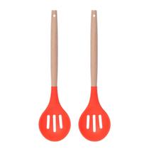 Colher Vazada Vermelho Silicone Cabo Bambu Multiuso - 2un Colher Vazada Vermelho Silicone Cabo Bambu Multiuso - 2un