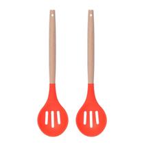 Colher Vazada Vermelho Silicone Cabo Bambu Multiuso - 2un Colher Vazada Vermelho Silicone Cabo Bambu Multiuso - 2un