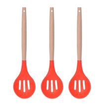 Colher Vazada Vermelho Silicone Cabo Bambu Multiuso - 3un Colher Vazada Vermelho Silicone Cabo Bambu Multiuso - 3un