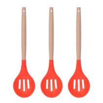 Colher Vazada Vermelho Silicone Cabo Bambu Multiuso - 3un Colher Vazada Vermelho Silicone Cabo Bambu Multiuso - 3un