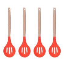 Colher Vazada Vermelho Silicone Cabo Bambu Multiuso - 4un Colher Vazada Vermelho Silicone Cabo Bambu Multiuso - 4un
