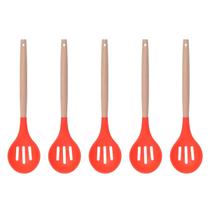 Colher Vazada Vermelho Silicone Cabo Bambu Multiuso - 5un Colher Vazada Vermelho Silicone Cabo Bambu Multiuso - 5un