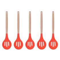 Colher Vazada Vermelho Silicone Cabo Bambu Multiuso - 5un Colher Vazada Vermelho Silicone Cabo Bambu Multiuso - 5un