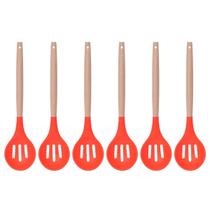 Colher Vazada Vermelho Silicone Cabo Bambu Multiuso - 6un