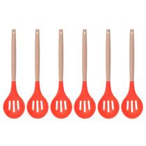 Colher Vazada Vermelho Silicone Cabo Bambu Multiuso - 6un Colher Vazada Vermelho Silicone Cabo Bambu Multiuso - 6un