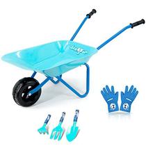 Colwelt Kids Wheelbarrow 5Pcs, Rodas de Aço para crianças com ferramentas de jardinagem para crianças e luvas infantis (azul), ferramentas de jardinagem para crianças