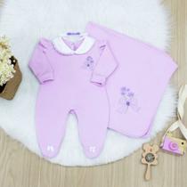 Com Renda Guipir Saída de Maternidade Menina Violeta 03 Peças 100% Algodão Macio e Antialérgico Com Renda Guipir Saída de Maternidade Menina Violeta 03 Peças 100% Algodão Macio e Antialérgico