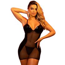 Combinete Sensual Camisola em Tule e Malha Metalizada e Calcinha Fio Dental