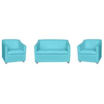 Combo 01 Namoradeira mais 02 Poltrona Decorativa Tilla Pés Cromados Suede Azul Turquesa - DS Estofados