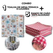 Combo 01 Toalha Mesa 6 Lugar + 05 Panos Chão Xadrez Vermelho