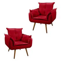 Combo 02 Poltronas Cadeira Decorativa Sala de Estar Opala Pés Palito - Suede Vermelho
