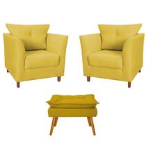 Combo 02 Poltronas Decorativa Isis Pés de Madeira Mais Puff Opalla Suede Amarelo - DS Estofados