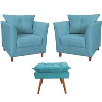Combo 02 Poltronas Decorativa Isis Pés de Madeira Mais Puff Opalla Suede Azul Turquesa - DS Estofados Combo 02 Poltronas Decorativa Isis Pés de Madeira Mais Puff Opalla Suede Azul Turquesa - DS Estofados