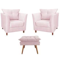Combo 02 Poltronas Decorativa Isis Pés de Madeira Mais Puff Opalla Suede Rosê - DS Estofados Combo 02 Poltronas Decorativa Isis Pés de Madeira Mais Puff Opalla Suede Rosê - DS Estofados