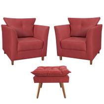 Combo 02 Poltronas Decorativa Isis Pés de Madeira Mais Puff Opalla Suede Vermelho - DS Estofados Combo 02 Poltronas Decorativa Isis Pés de Madeira Mais Puff Opalla Suede Vermelho - DS Estofados