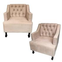 Combo 02 Poltronas Decorativa Pés Luis XV Gênises Encosto Estilo Capitonê Suede Bege - DS Estofados Combo 02 Poltronas Decorativa Pés Luis XV Gênises Encosto Estilo Capitonê Suede Bege - DS Estofados