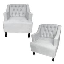 Combo 02 Poltronas Decorativa Pés Luis XV Gênises Encosto Estilo Capitonê Suede Branco - DS Estofados - Estopar