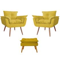 Combo 02 Poltronas decorativas mais um Puff Opalla Pés Palito Amarelo - DS Estofados Combo 02 Poltronas decorativas mais um Puff Opalla Pés Palito Amarelo - DS Estofados