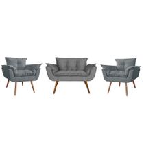 Combo 02 Poltronas decorativas mais uma Namoradeira Opalla Pés Palito Cinza - DS Estofados