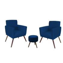 Combo 02 Poltronas Nina Com Rodapé E Puff Redondo Pés Madeira Suede Azul