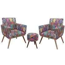 Combo 02 Poltronas Nina Com Rodapé e Puff Redondo Pés Madeira Suede Mosaico Preto - DS Móveis Combo 02 Poltronas Nina Com Rodapé e Puff Redondo Pés Madeira Suede Mosaico Preto - DS Móveis