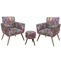 Combo 02 Poltronas Nina Com Rodapé e Puff Redondo Pés Madeira Suede Mosaico Preto - SA Móveis Combo 02 Poltronas Nina Com Rodapé e Puff Redondo Pés Madeira Suede Mosaico Preto - SA Móveis