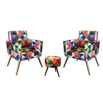 Combo 02 Poltronas Nina Com Rodapé E Puff Redondo Pés Madeira Suede Triangulo colorido Combo 02 Poltronas Nina Com Rodapé E Puff Redondo Pés Madeira Suede Triangulo colorido