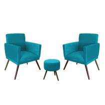 Combo 02 Poltronas Nina Com Rodapé E Puff Redondo Pés Madeira Suede Turquesa