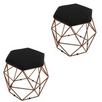 Combo 02 Puffs Aramado Bronze Assento Hexagonal Suede Preto - DS Estofados
