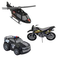 Combo 03 Brinquedos Carro De Polícia Moto Helicóptero Preto