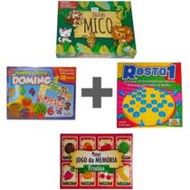 Combo 04 Jogos (J. Do Mico + J. Dominó Frutas e Números + Resta 1 Pequeno + J. Memória Frutas).