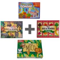 Combo 04 Jogos (J. Dominó Frutas e Núm Educacio + J. Memória Animais + J. Memória Frutas + J. Mico).