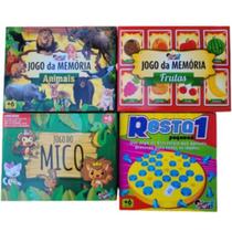 Combo 04 Jogos Memória Animais + Memória Frutas +Jogo Mico + Resta 1 Pequeno
