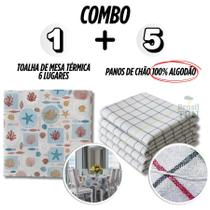Combo 05 Panos de Chão Quadriculados Duplo Mais 1 Toalha Térmica Mesa Impermeável 6 Lugares Estampada