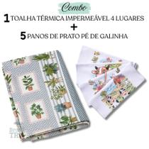 Combo 05 Panos de Prato Branco Estampados + 01 Toalha Térmica de Mesa 4 Lugares Impermeável